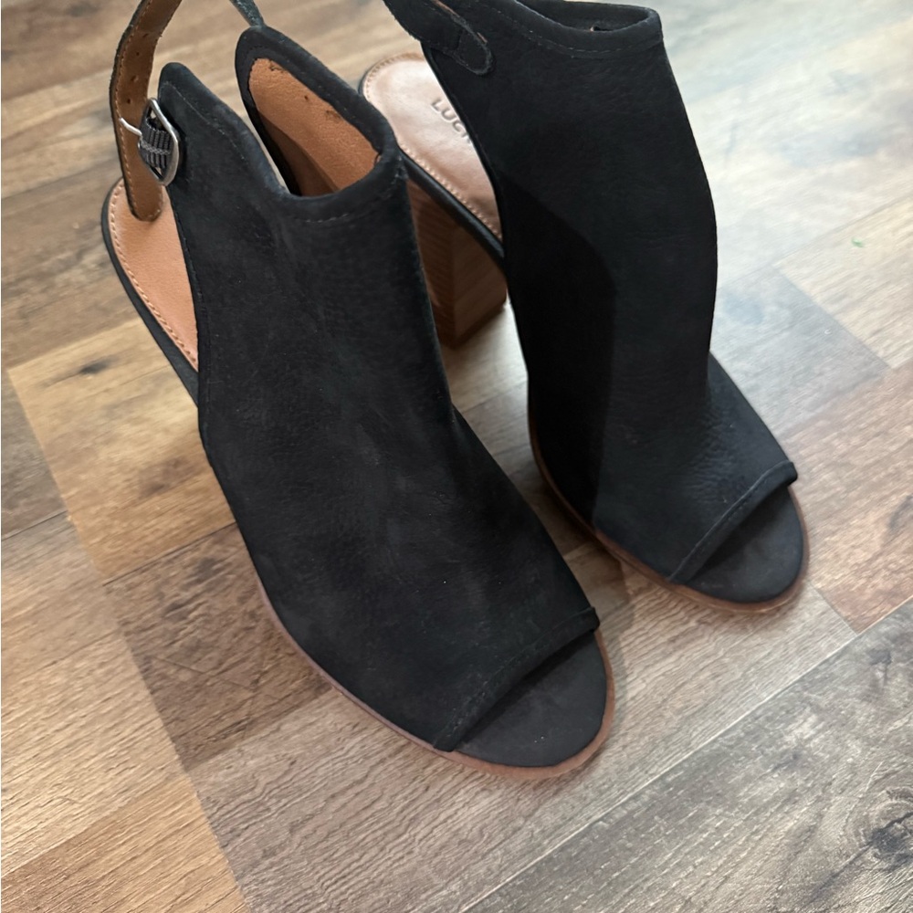 Lucky Brand Black Peep-Toe Heeled Boots